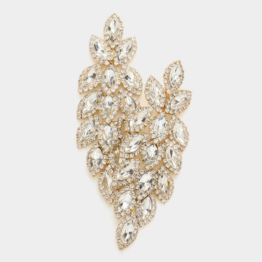 Gold Marquise Crystal Leaf Drop Dangle Earrings 3.25" Chandelier Evening